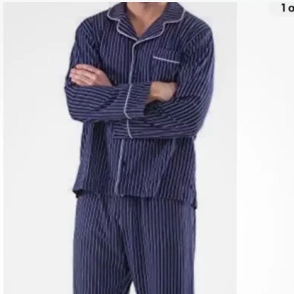 Navy Blue & White Stripe Button Front Tall PJ Set Mens electric grandpa